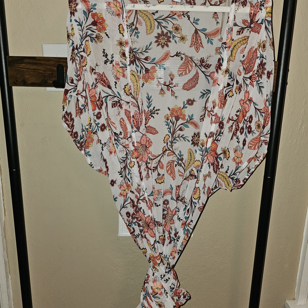 Floral Print Lightweight Kimono - White with Coral & Teal